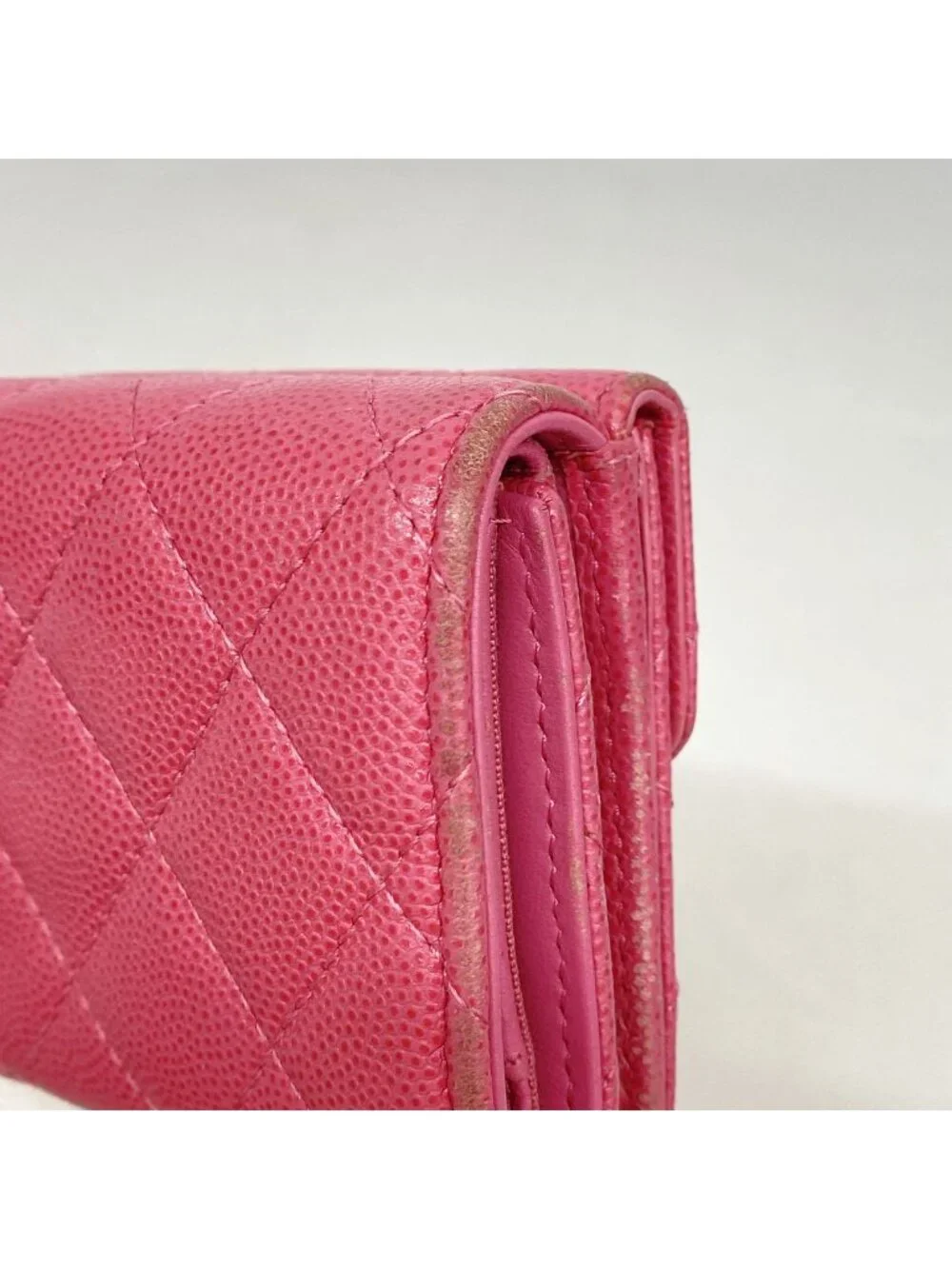 Chanel Trifold Wallet Quilted Caviar Leather Pink Gold